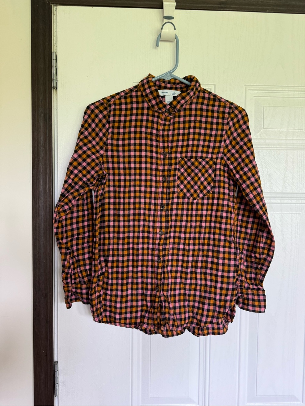 2 for $20 sale: Old Navy Pink, Orange & Black checkered Button-Down Shirt - Picture 2 of 4